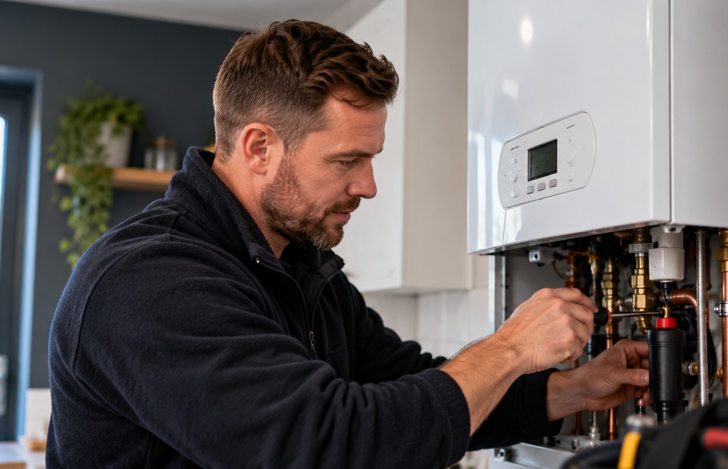 Heating engineer working on a boiler